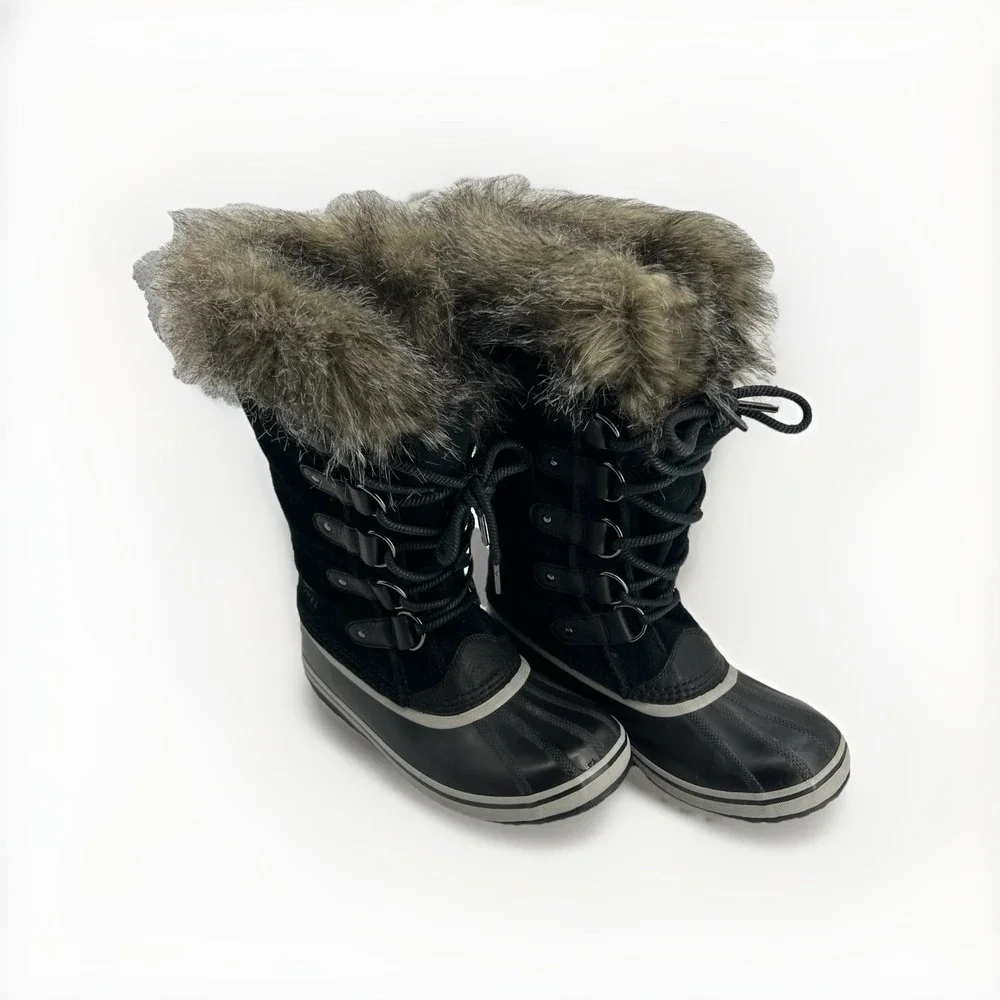 Sorel Joan of Arctic Women's 8 Black Leather Snow Winter Boots Faux‎ Fur